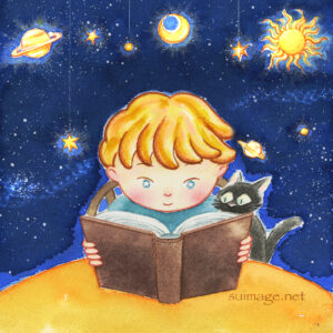 Boy and black cat reading a book.